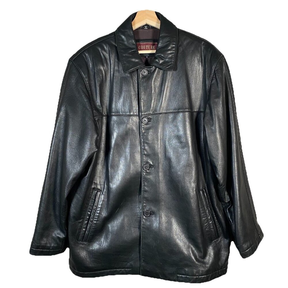Vintage Black Lamb Leather Car Coat Mens M Couture by J Park Full Zip Button Up - Picture 2 of 16